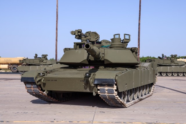 FORT CAVAZOS, TEXAS - One of the first U.S. Army tanks bound for Washington, D.C. and the Army&#39;s 250th Birthday Parade awaits loading onto a rail car at Fort Cavazos. Each tank weighs around 140,000 pounds.