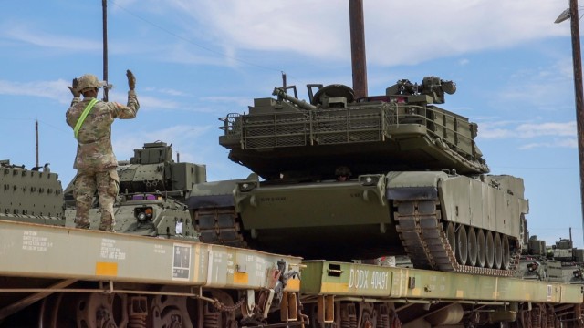 FORT CAVAZOS, TEXAS - One of the first U.S. Army tanks bound for Washington, D.C. and the Army&#39;s 250th Birthday Parade is loaded onto a rail car at Fort Cavazos May 21. Each tank weighs around 140,000 pounds.