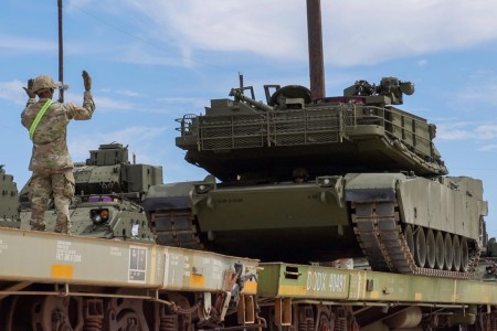 FORT CAVAZOS, TEXAS - One of the first U.S. Army tanks bound for Washington, D.C. and the Army&#39;s 250th Birthday Parade is loaded onto a rail car at Fort Cavazos May 21. Each tank weighs around 140,000 pounds.