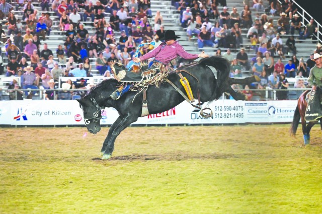 A man sits on the back of a horse in a saddle, the horse&#39;s back feet up in the air. Behind him, a stand full of people sit and look on.