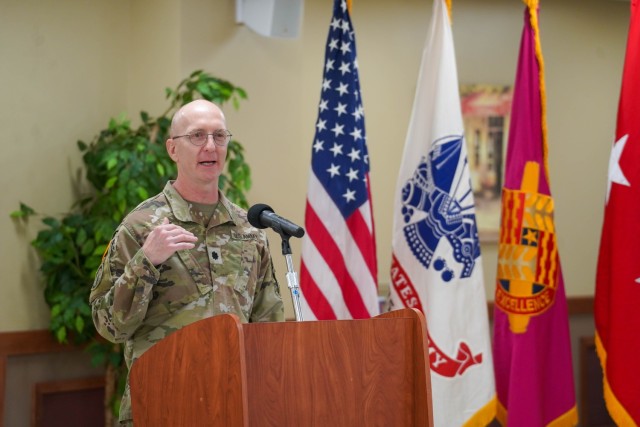 Lt. Col. Douglas Yates, chaplain for the U.S. Army Tank-automotive and Armaments Command, speaks during the May 22, 2025, prayer breakfast at the Detroit Arsenal. He organized the event.