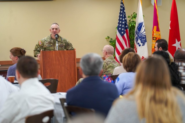 Maj. Gen. Michael B. Lalor, commanding general of U.S. Army Tank-automotive and Armaments Command, talks about the power of prayer in his life during the May 22, 2025, prayer breakfast.