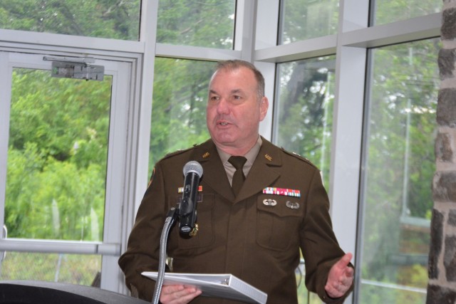 APG Senior Commander and Commanding General of the U.S. Army Communications-Electronics Command Maj. Gen. James D. Turinetti IV updates attendees during the 48th annual Military Appreciation Luncheon at Top of the Bay on May 14, 2025.