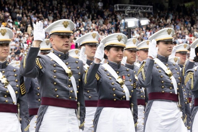 The graduating class of U.S. Military Academy cadets take the oath during the graduation ceremony at the U.S. Military Academy at West Point, May 24, 2025.