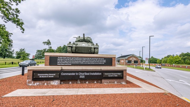 Fort Knox&#39;s main gate sign identifies the installation as the Commander in Chief Best Installation for 2025 after winning Commander in Chief&#39;s Annual Award for Installation Excellence. The award was announced by the Department of Defense...