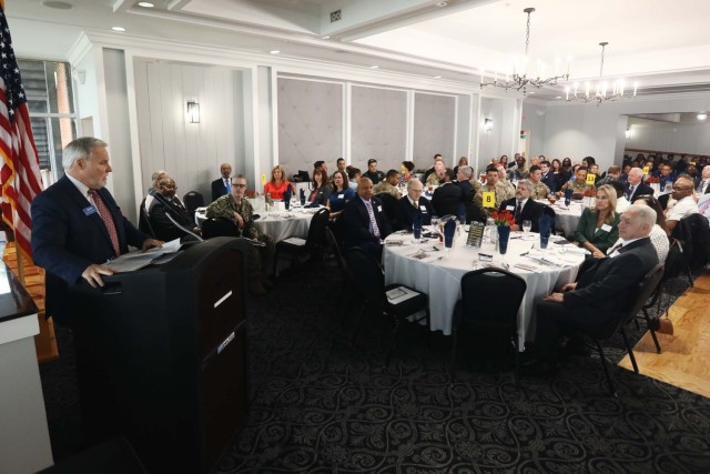 Michael MacPherson, president and CEO of Freedom Federal Credit Union, thanks the military and their family members during the 48th annual Military Appreciation Luncheon at Top of the Bay on May 14, 2025.