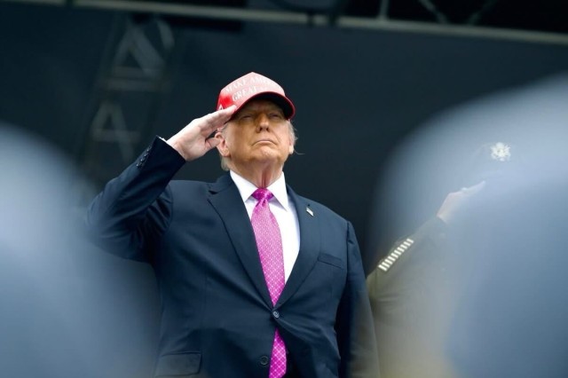 President Donald J. Trump salutes during the U.S. Military Academy commencement ceremony at Michie Stadium in West Point, N.Y., May 24, 2025.