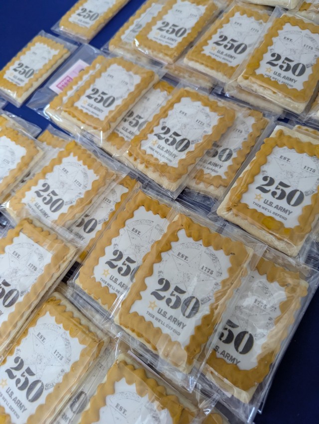 Event organizers gave attendees Army 250th birthday-themed cookies after the 48th annual Military Appreciation Luncheon hosted by the Harford Chamber of Commerce at Top of the Bay on May 14, 2025.