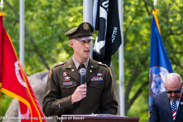 DOVER, N.J. - Maj. Eric Forsgren of Picatinny Arsenal, speaks at a Memorial Day observance in Hurt Park, May 26.