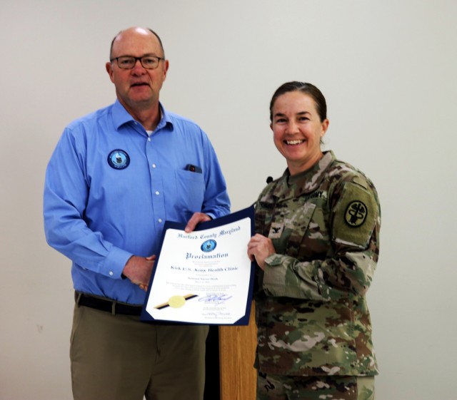 Harford County Executive Bob Cassilly presents a proclamation to Kirk U.S. Army Health Clinic Commander Col. Lauris Trimble in recognition of National Nurses Week during a ceremony at the Ortiz Training Center May 16, 2025.