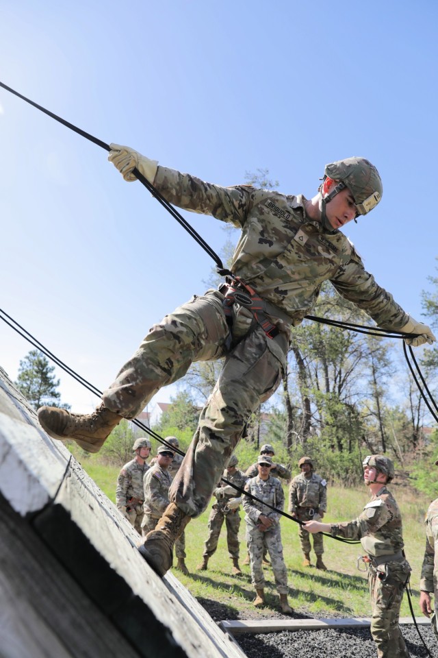 Army Reserve Best Squad competitor, Pvt 2. Seth Stetz, 200th Military Police Command, practices rappelling during a rappel event at Fort McCoy, Wisconsin, May 12, 2025. From around the nation, 75 Soldiers compete in the 2025 U.S. Army Reserve BSC,...
