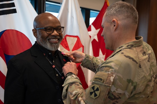 Eighth Army Commanding General Lt. Gen. Christopher LaNeve presents the Meritorious Civilian Service Award to James E. Holmes, Jan. 22, 2025, at Camp Humphreys, South Korea. The Meritorious Civilian Service Medal is an award given to civilian...