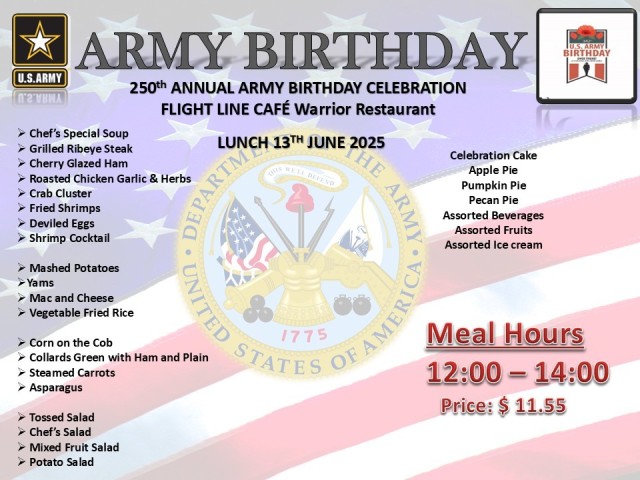 Army Birthday meal menu - 13 June - Flightline Cafe Warrior Restaurant