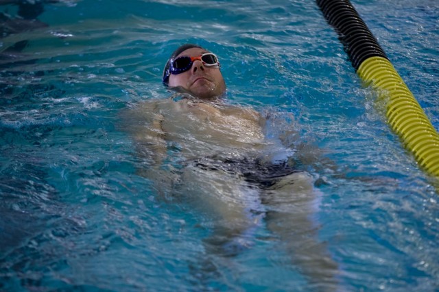 U.S. Army Staff Sgt. Justin Callison practices swimming on his back during swim practice at the 2025 Army Trials, Fort Bliss, Texas, April 3, 2025. Over 60 wounded, ill and injured Soldiers and veterans are at Fort Bliss, April 1 - 10 to compete...