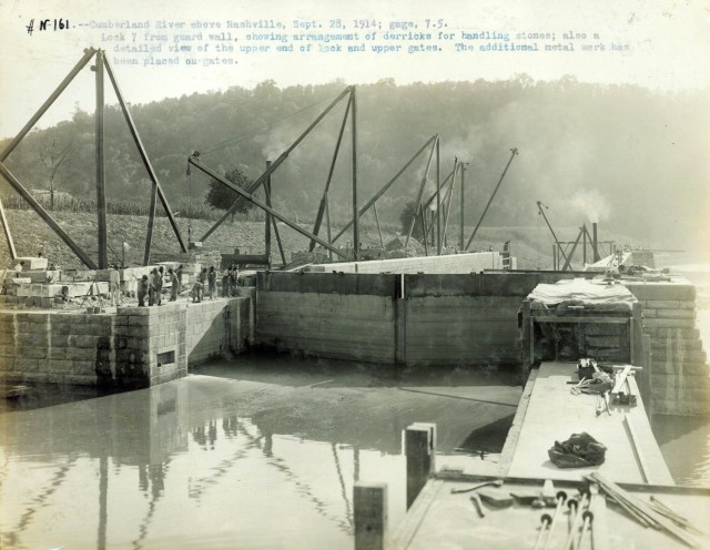 This is Lock 7 Sept. 28, 1914, in Nashville, Tennessee, showing an arrangement of derricks for handling stones. It includes a detailed view of the upper end of the lock and upper gates. The old locks and dams were later replaced by today's modern...
