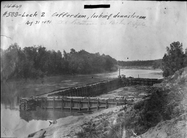 This is a coffer dam looking downstream on the Cumberland River in Ashland City, Tennessee, Aug. 31, 1891. The U.S. Army Corps of Engineers Nashville District built Lock and Dam 2 at this location to establish a navigation channel.  The structure...