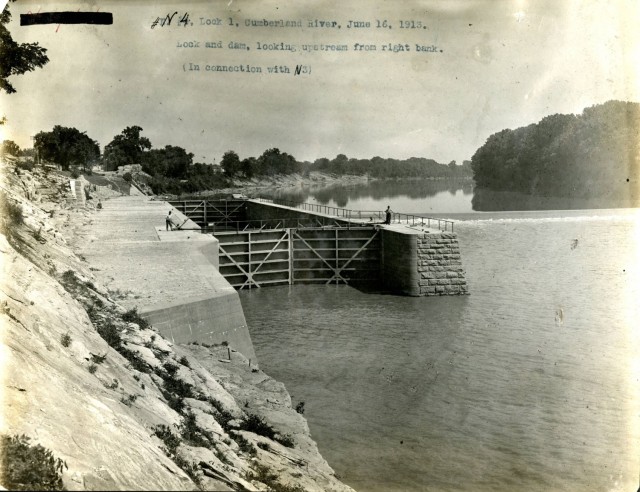 This is Lock and Dam 1 looking upstream from the right bank on the Cumberland River in Nashville, Tenn., June 16, 1913. The U.S. Army Corps of Engineers Nashville District built the lock and dam to establish a navigation channel. The old locks and...