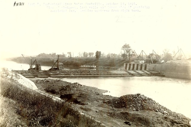 This is Lock and Dam B under construction on the Cumberland River in Montgomery County, Tennessee, Oct. 14, 1916. The U.S. Army Corps of Engineers Nashville District built the lock and dam to establish a navigation channel. The old locks and dams...