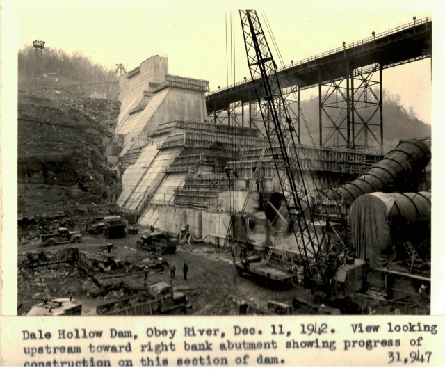 Crews construct Dale Hollow Dam on the Obey River Dec. 11, 1942 in Celina, Tennessee. The multi-purpose dam would serve to replace the old locks and dams on the Cumberland River. (USACE Photo)