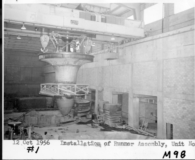 This shows the installation of a hydropower runner assembly Oct. 12, 1956, at Old Hickory Dam on the Cumberland River in Hendersonville, Tennessee. The multi-purpose dam would serve to replace the old locks and dams on the Cumberland River. (USACE...