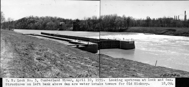 This is Lock 3 on the Cumberland River in Nashville, Tennessee. The U.S. Army Corps of Engineers Nashville District built the lock and dam to establish a navigation channel. The old locks and dams were later replaced by today's modern dams. (USACE...