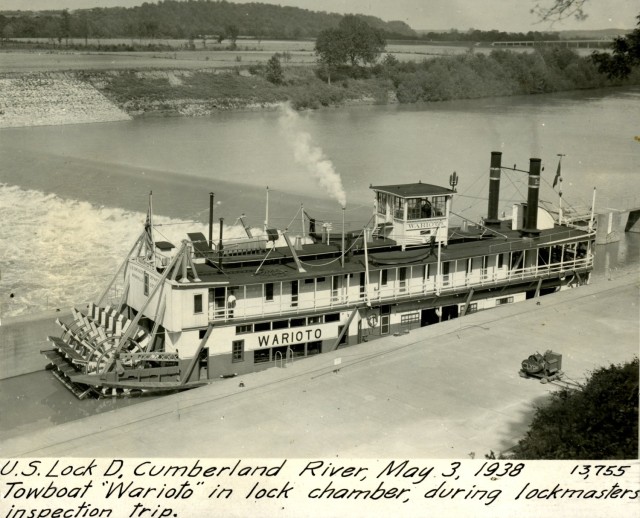 Towboat Warioto locks through Lock D May 3, 1938, on the Cumberland River in Dover, Tennessee. The U.S. Army Corps of Engineers Nashville District built the lock and dam to establish a navigation channel. The old locks and dams were later replaced...
