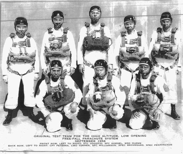 Pictured in 1958 these brave and courageous men were the first eight members of the High Altitude, Low Opening free-fall project for the Army Golden Master Program at the Yuma Proving Ground.