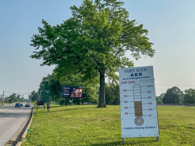 An installation Army Emergency Relief Campaign goal tracker, June 3, 2025, notates funds raised over the duration of the campaign at Fort Knox, Kentucky.