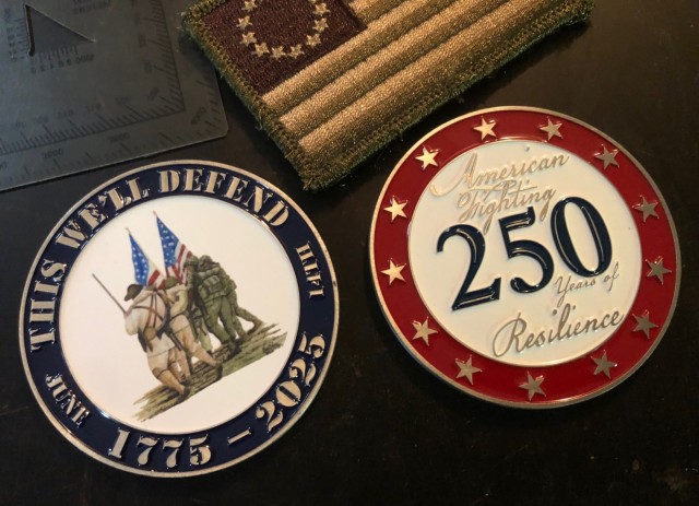 Col. Michael Solovey, assistant chief of staff, G4, U.S. Army Intelligence and Security Command, created a custom lithograph in honor of the Army's 250th birthday. The art was also used for a custom coin. The Soldiers in the lithograph...