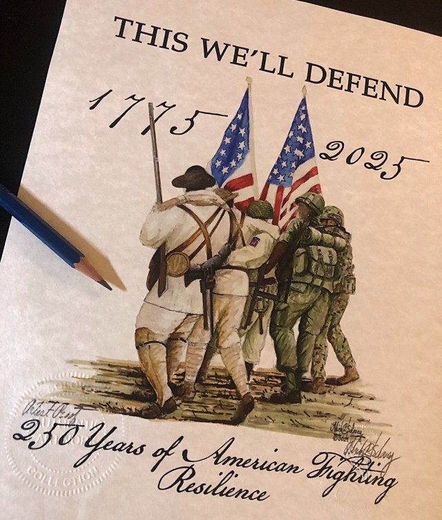 Col. Michael Solovey, assistant chief of staff, G4, U.S. Army Intelligence and Security Command, created a custom lithograph in honor of the Army's 250th birthday. The art was also used for a custom coin. The Soldiers in the lithograph...