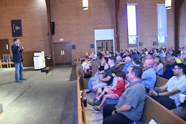 Army Ranger Hall of Fame inductee Jeff Struecker addresses a capacity crowd at U.S. Army Yuma Proving Ground&#39;s Halo Chapel on June 4, 2025.