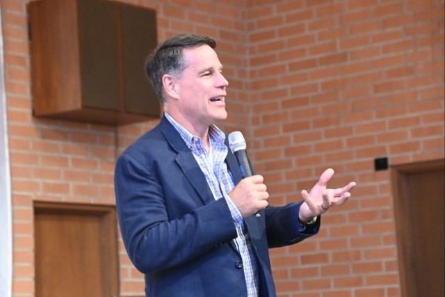 Army Ranger Hall of Fame inductee Jeff Struecker addresses a capacity crowd at U.S. Army Yuma Proving Ground&#39;s Halo Chapel on June 4, 2025.
