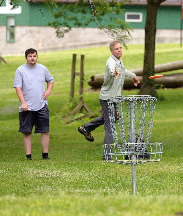 Team DPW Discers Noah Trader and Joel Marquardt compete in the Strong B.A.N.D.S. Disc Golf Tournament May 24, 2025, at the Fort Leavenworth Disc Golf Course by Camp Conestoga at Fort Leavenworth, Kansas. DPW Discers placed second in the...