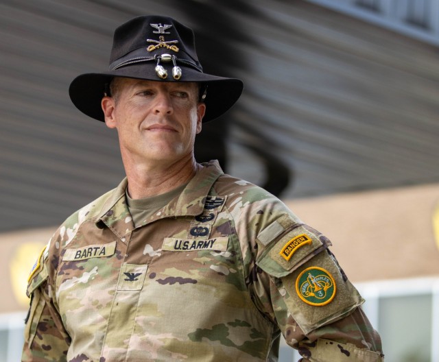 Col. Jeffrey Barta, the outgoing regimental commander of the 3d Cavalry Regiment, looks out at the formation of Troopers during a change of command ceremony on Fort Cavazos, Texas, June 5, 2025. Change of command ceremonies ensure the seamless...