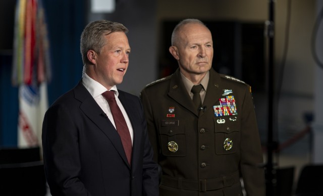 Secretary of the Army Dan Driscoll and Chief of Staff of the Army Gen. Randy A. George join “Fox and Friends” to discuss the new Department of Defense memorandum on Army transformation and acquisition reform, at the Pentagon, on May 1, 2025....