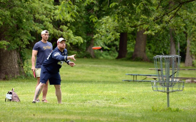 Team No Chains Jim McMullen and Hoyle Shaw compete in the Strong B.A.N.D.S. Disc Golf Tournament May 24, 2025, at the Fort Leavenworth Disc Golf Course by Camp Conestoga at Fort Leavenworth, Kansas. No Chains placed third in the tournament. Photo...
