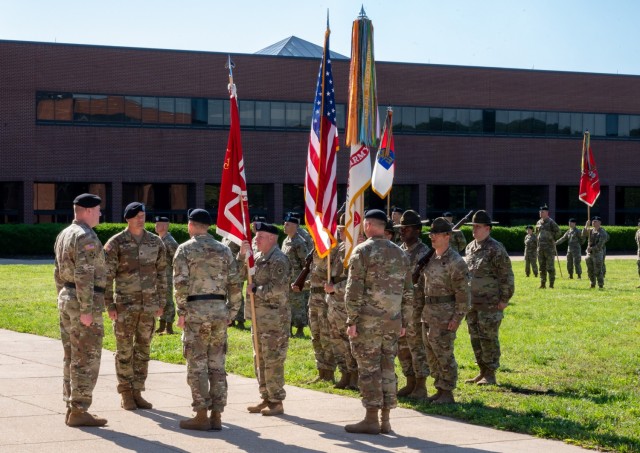 Incoming and outgoing U.S. Army Engineer School leaders prepare to complete the official change-of-commandant and change-of-responsibility ceremony May 30 on the Maneuver Support Center of Excellence Plaza.
