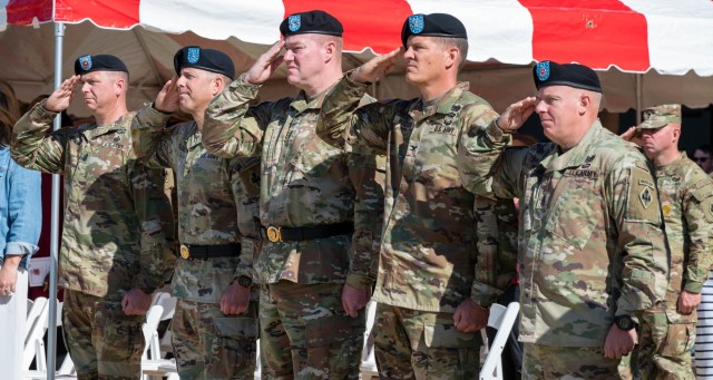 Before taking their positions to complete the U.S. Army Engineer School change of commandant and change of responsibility, from left: outgoing USAES Command Sgt. Maj. Zachary Plummer; Brig. Gen. Stephen Kolouch, outgoing USAES commandant; Maj....