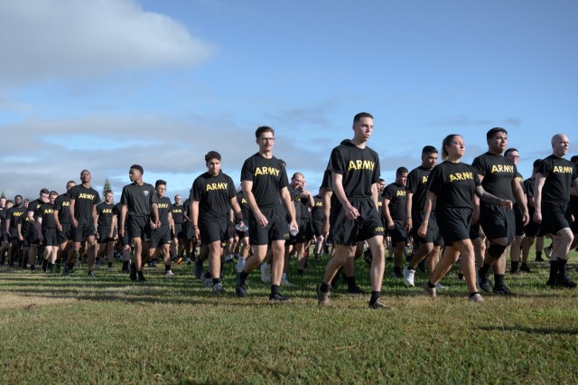 A formation of Soldiers representing various Army units stationed in Hawaii participate in the Army Hawaii Run June 9, 2025, at Schofield Barracks. The 3-mile run ventured across the post giving on-base residents a up close and personal feel to...