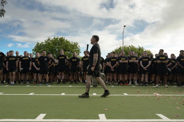 Schofield Barracks, Hawaii – Command Sgt. Maj. Shaun Curry, 25th Infantry Division senior enlisted advisor, provides closing remarks to the formation June 9, 2025, at Schofield Barracks. Curry emphasized the vital role of the noncommissioned...