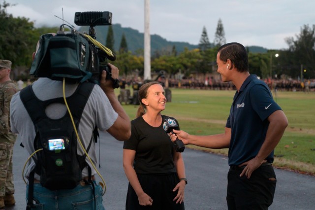 Schofield Barracks, Hawaii – U.S. Army Garrison Hawaii Commander, Col. Rachel Sullivan, is interviewed by KHON2 News reporter Chris Latronic June 9, 2025, on Weyand Field. Sullivan discussed the significance of Army Heritage Week and the...