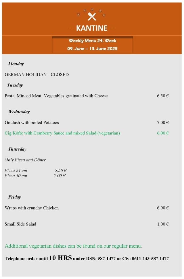 Kantine menu: 9 - 13 June 2025