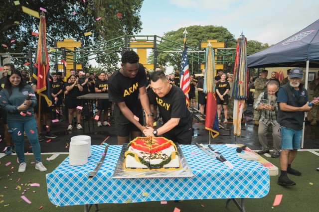 Schofield Barracks, Hawaii – The youngest and oldest Soldiers from the 25th Infantry Division cuts the ceremonial cake celebrating the upcoming 250th birthday of the U.S. Army June 9, 2025, at Schofield Barracks. The cake cutting ceremony...
