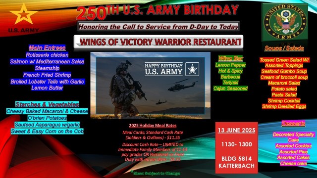Army Birthday meal menu - Wings of Victory Warrior Restaurant