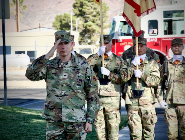 Col. Steven L. Chadwick assumes command of the U.S. Army Garrison - Fort Irwin at the National Training Center, Ca where he served as the immediate Chief of Staff, in front of Fort Irwin and the National Training Center headquarters building June...