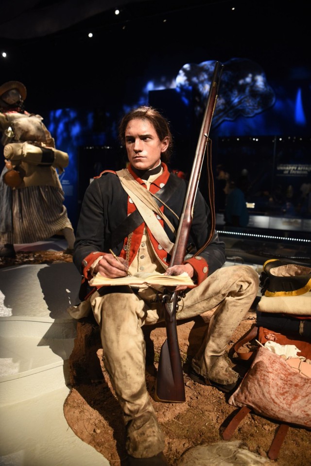A mannequin depicting Army Sgt. Maj. William Seymour of the Delaware Regiment, Continental Army, is shown at the National Museum of the United States Army at Fort Belvoir, Va., June 7, 2025. The display is part of the new &#34;Call to Arms&#34;...
