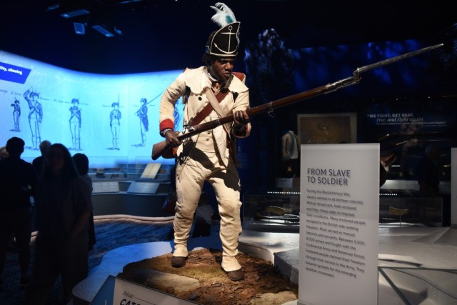 A mannequin depicting Army Pvt. Cato Vernon, a Continental Army soldier, is on display at the National Museum of the United States Army at Fort Belvoir, Va., June 7, 2025. The display is part of the new &#34;Call to Arms&#34; exhibit at the...