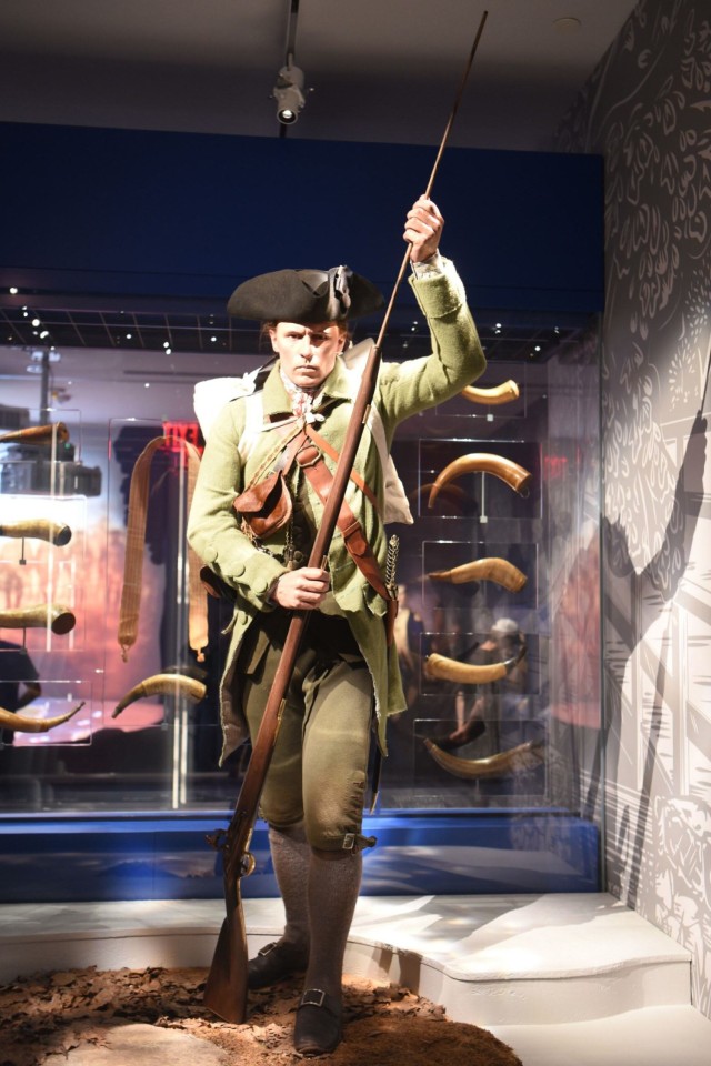A mannequin depicting Sylvanus Wood, a minuteman with the Massachusetts militia who fought at the Battles of Lexington and Concord, the Battle of Long Island and during the siege of Boston, is shown at the National Museum of the United States Army...