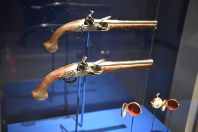 Two silver-mounted holster pistols used by Army Gen. George Washington during the Revolutionary War are on display at the National Museum of the United States Army at Fort Belvoir, Va., June 7, 2025. The display is part of the new &#34;Call to...