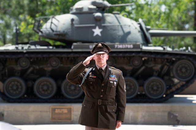Staff Sgt. James Austin Lane, squad leader of U.S. Army Central’s 2025 Best Squad team, renders a salute at Patton Hall, Shaw Air Force Base, S.C., May 2, 2025. Inspired by his grandfather, a World War II veteran who helped liberate Nazi...